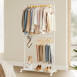 SONGMICS Rolling Clothes Rack with Middle Rod & Storage Shelf in White - thumbnail 1