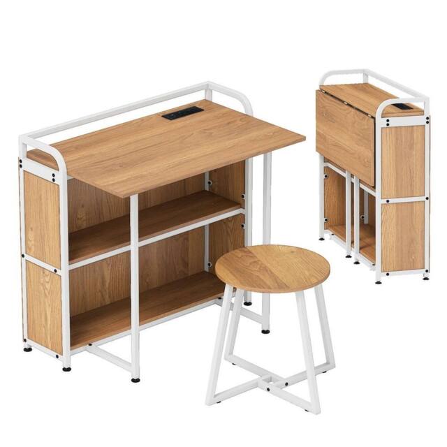 VOGREX 90 cm Portable Computer Desk & Stool Set with Storage Shelves in Natural - image 1