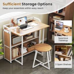 VOGREX 90 cm Portable Computer Desk & Stool Set with Storage Shelves in Natural - thumbnail 3