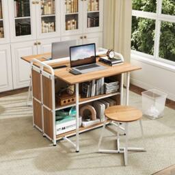 VOGREX 90 cm Portable Computer Desk & Stool Set with Storage Shelves in Natural - thumbnail 7