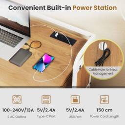 VOGREX 90 cm Portable Computer Desk & Stool Set with Storage Shelves in Natural - thumbnail 6