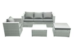 Fimous 5 Seater Rattan Garden Furniture Set with 3 Seater Sofa Chair Square Coffee Table Big Footstool Light Grey Mixed - thumbnail 1