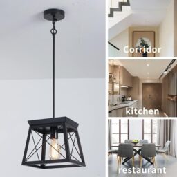 Garwarm 1 Light E27 Rectangular Black Adjustable Metal Cage Rustic Lantern Chandelier - thumbnail 4