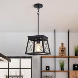 Garwarm 1 Light E27 Rectangular Black Adjustable Metal Cage Rustic Lantern Chandelier
