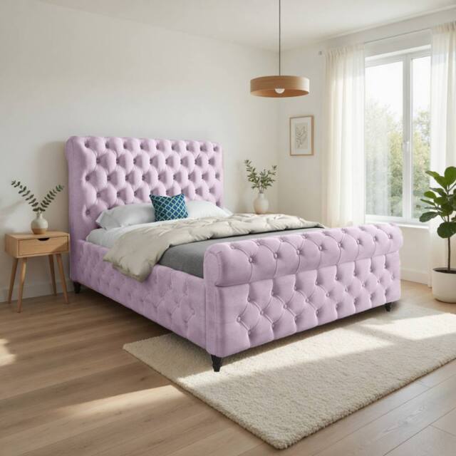 Casani Steeton Sleigh Upholstered Pink Soft Velvet Designer Bed Frame - Size: Small Single - image 1