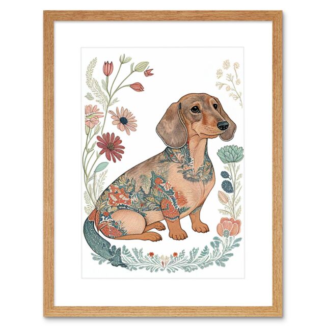 "Artery8 Wall Art Print Dachshund Shorthaired Dog with Ornate Floral Patterns Colourful Colour Pencil Artwork Framed 9X7 Inch - Size: W7"" x H9""" - image 1