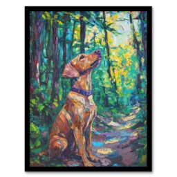 "Artery8 Golden Lab Puppy in Forest Oil Painting Dog Lover Framed Art Print in Green - Size: W12"" x H16""" - thumbnail 1
