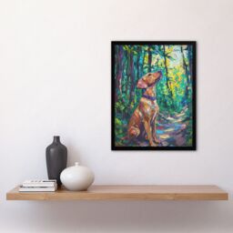"Artery8 Golden Lab Puppy in Forest Oil Painting Dog Lover Framed Art Print in Green - Size: W12"" x H16""" - thumbnail 4