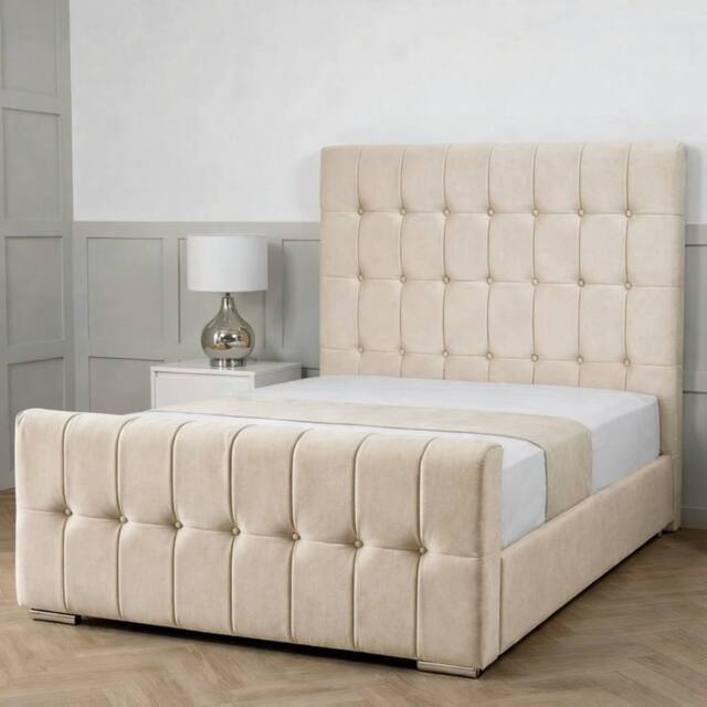 Living Comfort Bedz Belmont Plush Velvet Upholstered Bed Slatted Base - 48 Inch Headboard in Cream - Size: King - image 1