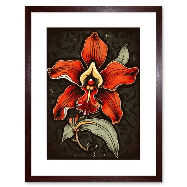 "Artery8 Wall Art Print Old School USA Tattoo Ink Body Art Red Orchid Rockabilly Americana 50s Artwork Framed 9X7 Inch in Brown - Size: W7"" x H9""" - image 1