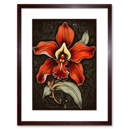 "Artery8 Wall Art Print Old School USA Tattoo Ink Body Art Red Orchid Rockabilly Americana 50s Artwork Framed 9X7 Inch in Brown - Size: W7"" x H9""" - thumbnail 1