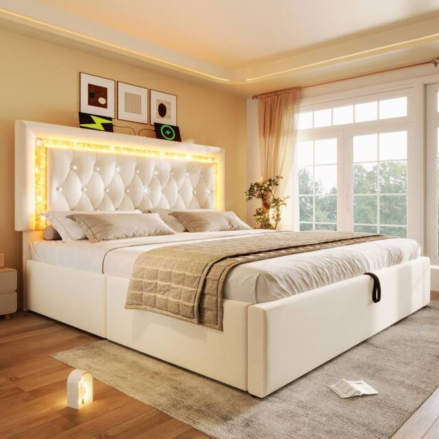 Merax LED Velvet Hydraulic Storage Bed with Adjustable Headboard in Beige - Size: Super King - image 1