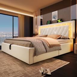 Merax LED Velvet Hydraulic Storage Bed with Adjustable Headboard in Beige - Size: Super King - thumbnail 7