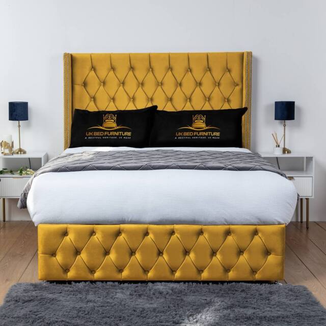 UK Bed Furniture Jasmine Wingback Divan Bed Base with 54 Inch Headboard - No Storage in Mustard - Size: Single - image 1