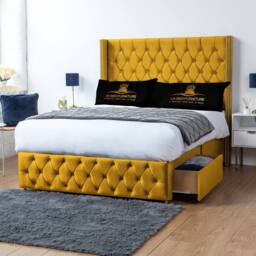 UK Bed Furniture Jasmine Wingback Divan Bed Base with 54 Inch Headboard - No Storage in Mustard - Size: Single - thumbnail 2