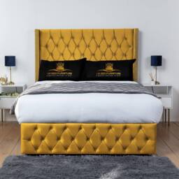 UK Bed Furniture Jasmine Wingback Divan Bed Base with 54 Inch Headboard - No Storage in Mustard - Size: Single - thumbnail 1