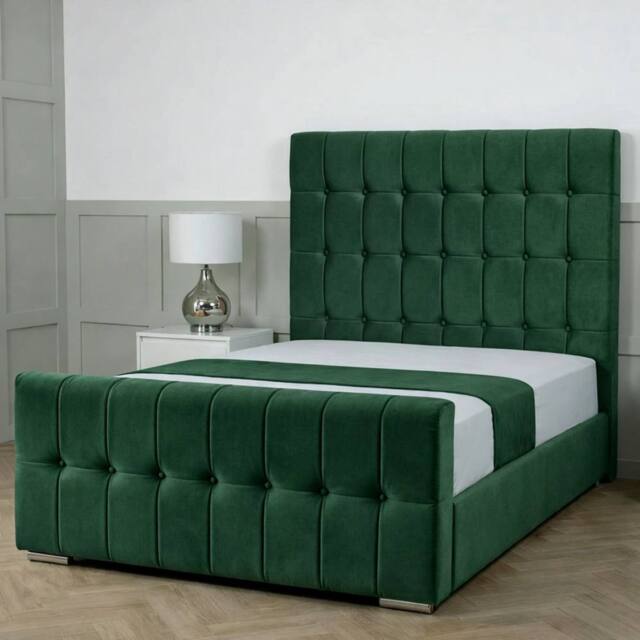 Living Comfort Bedz Belmont Plush Velvet Upholstered Bed Slatted Base - 48 Inch Headboard in Green - Size: Small Double - image 1