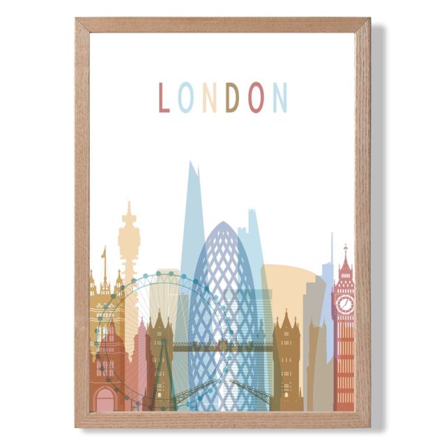 ARTZE London Colourful City Skyline Framed Print SIZE: A3 with Oak Frame in Pale Blue - Size: A4 - image 1