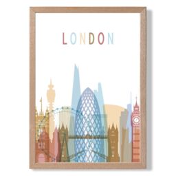 ARTZE London Colourful City Skyline Framed Print SIZE: A3 with Oak Frame in Pale Blue - Size: A4