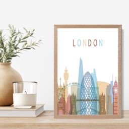 ARTZE London Colourful City Skyline Framed Print SIZE: A3 with Oak Frame in Pale Blue - Size: A4 - thumbnail 2