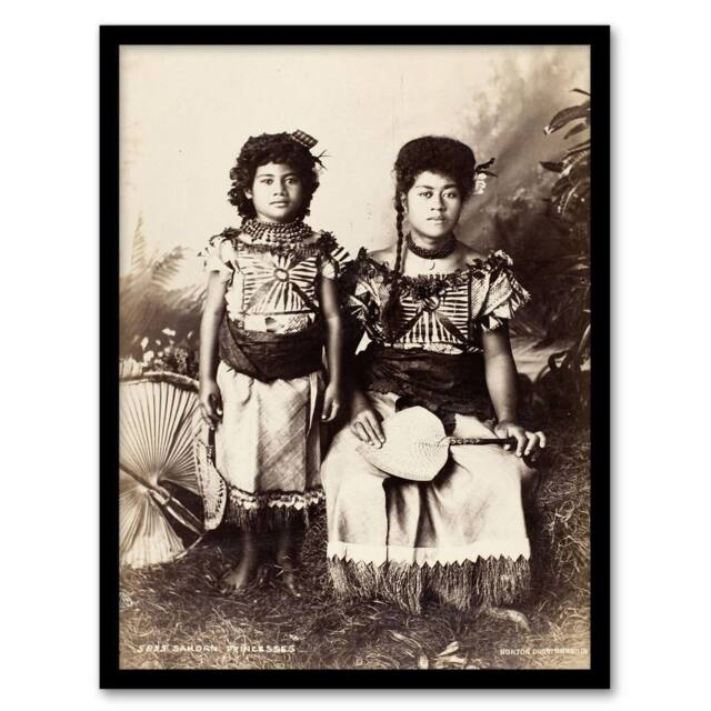 Artery8 Burton Brothers Photograph of Samoan Princesses Framed Wall Art Print in Brown - Size: A4 - image 1