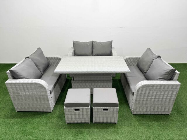 Fimous 8 Seater PE Wicker Rattan Furniture Sofa Sets with Adjustable Lifting Dining or Coffee Table 2 Seater Love Sofa 2 Stool Light Grey - image 1