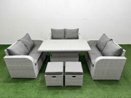 Fimous 8 Seater PE Wicker Rattan Furniture Sofa Sets with Adjustable Lifting Dining or Coffee Table 2 Seater Love Sofa 2 Stool Light Grey - thumbnail 1
