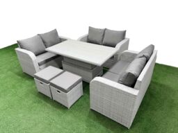Fimous 8 Seater PE Wicker Rattan Furniture Sofa Sets with Adjustable Lifting Dining or Coffee Table 2 Seater Love Sofa 2 Stool Light Grey - thumbnail 2