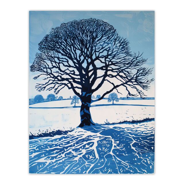"Artery8 Winter Oak Tree Silhouette Snow Field Landscape Wall Art Print in Blue - Size: W12"" x H16""" - image 1