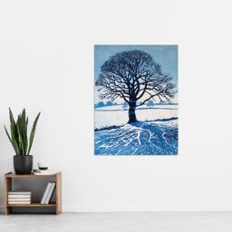 "Artery8 Winter Oak Tree Silhouette Snow Field Landscape Wall Art Print in Blue - Size: W12"" x H16""" - thumbnail 4