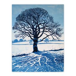 "Artery8 Winter Oak Tree Silhouette Snow Field Landscape Wall Art Print in Blue - Size: W12"" x H16""" - thumbnail 1