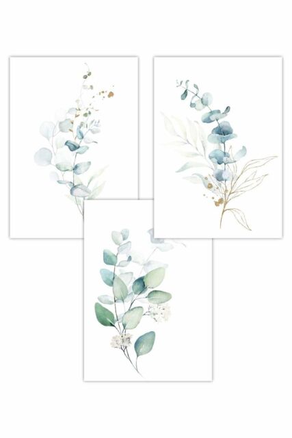 ARTZE Set of 3 Green Blue Watercolour Eucalyptus Set 2 Art Posters in Light Green - Size: W50 cm x H70 cm - image 1