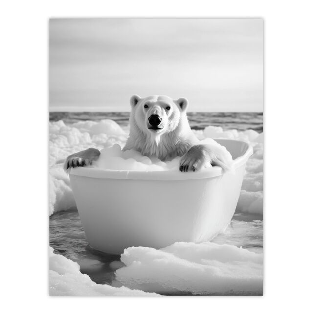 "Artery8 Polar Bear In Bathtub Black White Arctic Seascape Wall Art Print in Grey - Size: W24"" x H32""" - image 1