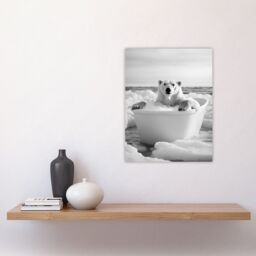 "Artery8 Polar Bear In Bathtub Black White Arctic Seascape Wall Art Print in Grey - Size: W24"" x H32""" - thumbnail 4