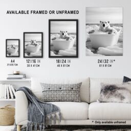 "Artery8 Polar Bear In Bathtub Black White Arctic Seascape Wall Art Print in Grey - Size: W24"" x H32""" - thumbnail 3