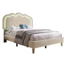 ModernLuxe Upholstered children's bed with adjustable headboard + LEDs in Beige - Size: Single - thumbnail 9
