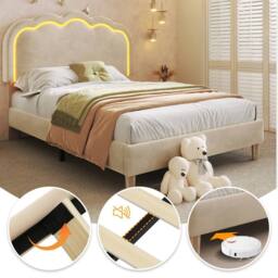 ModernLuxe Upholstered children's bed with adjustable headboard + LEDs in Beige - Size: Single - thumbnail 5