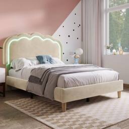 ModernLuxe Upholstered children's bed with adjustable headboard + LEDs in Beige - Size: Single - thumbnail 7