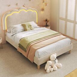 ModernLuxe Upholstered children's bed with adjustable headboard + LEDs in Beige - Size: Single