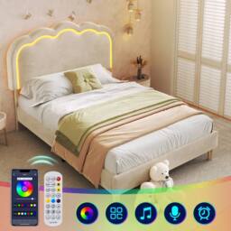 ModernLuxe Upholstered children's bed with adjustable headboard + LEDs in Beige - Size: Single - thumbnail 3