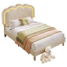 ModernLuxe Upholstered children's bed with adjustable headboard + LEDs in Beige - Size: Single - thumbnail 8