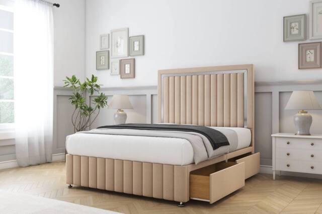 "Comfort Beds Boston Chrome Plush Divan Base 2 Drawers - 54"" Headboard-Footboard in Stone - Size: Double" - image 1