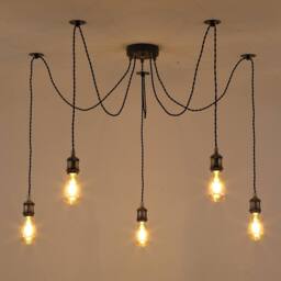 Kairui Lighting Industrial 5-Light Spider Pendant 1.5m Braided Cable Bulbs Included in Black - thumbnail 1