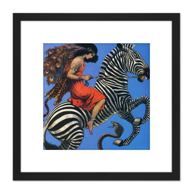 Artery8 Benda Woman Riding Zebra Snake Painting 8X8 Inch Square Wooden Framed Wall Art Print Picture with Mount in Black - image 1