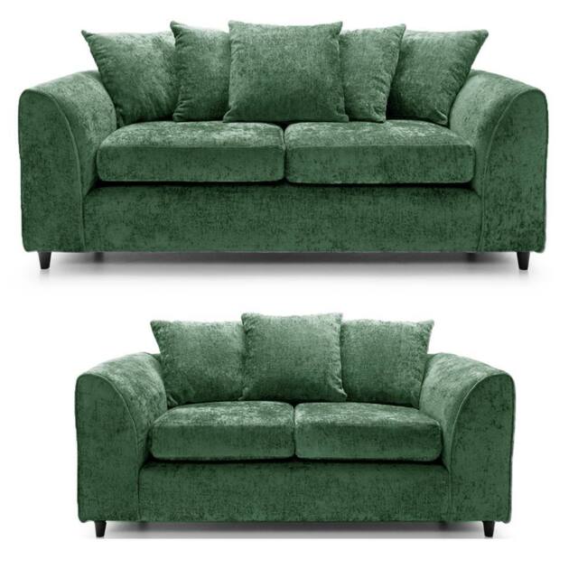 Furnishings For Less UK Monaco Chenille Fabric Sofa Set 3 & 2 Seater Sofa Scatter Back Curved Arm in Green - image 1