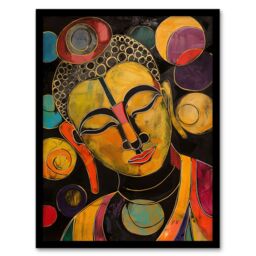 Artery8 Buddha Statue Meditating Head Colourful Painting Framed Art Print in Mustard - Size: A4 - thumbnail 1
