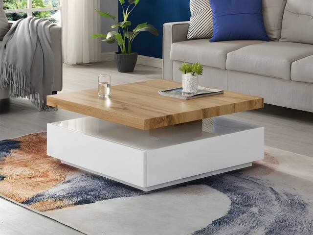 Vente-unique 1 Drawer & Swivelling Tray Coffee Table - MDF - Colour: White & Oak in Light Oak - image 1