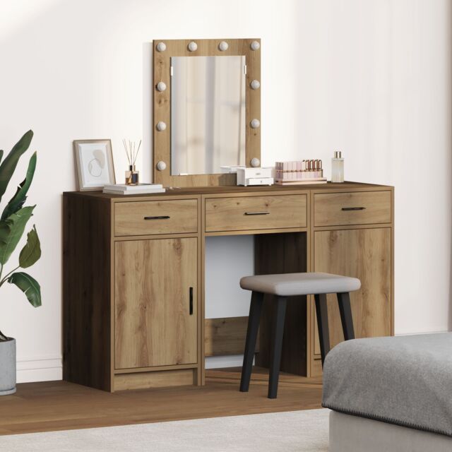 Berkfield Home 3 Piece Dressing Table Set with LED Artisan Oak Engineered Wood in Brown - image 1