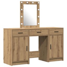 Berkfield Home 3 Piece Dressing Table Set with LED Artisan Oak Engineered Wood in Brown - thumbnail 2