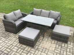 Fimous Outdoor Garden Patio Furniture Wicker Rattan Oblong Rectangular Dining Table & Lounge Sofa set with 2 Big Footstool Dark Grey Mixed - thumbnail 2